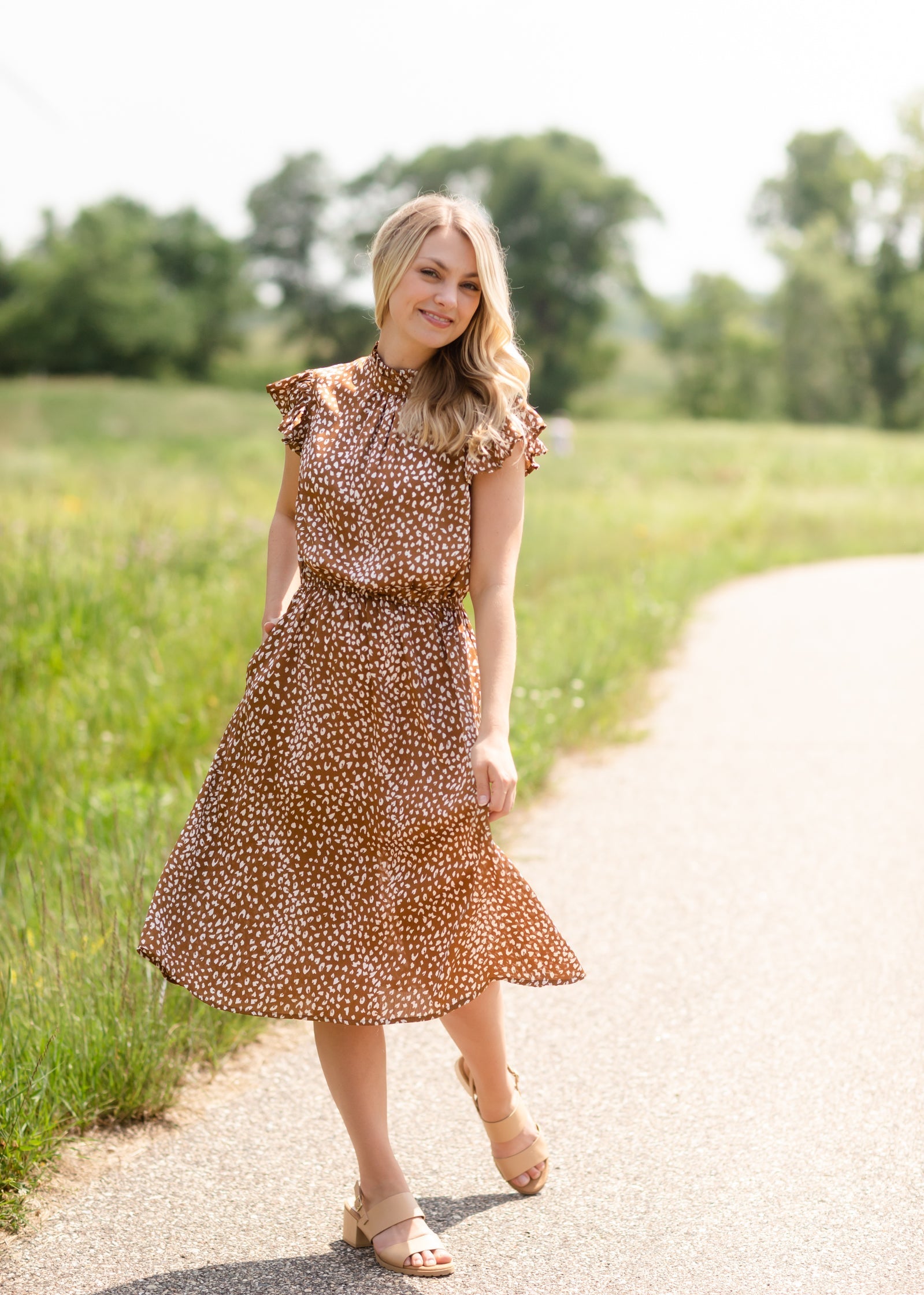 Tan Printed Midi Dress Dresses