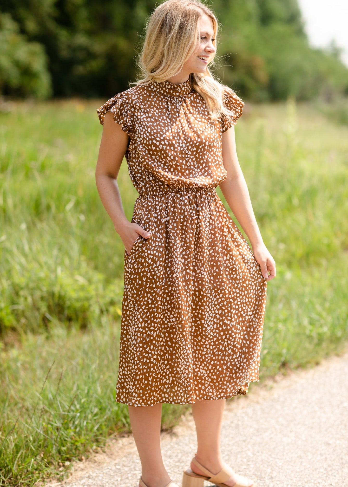 Tan Printed Midi Dress Dresses