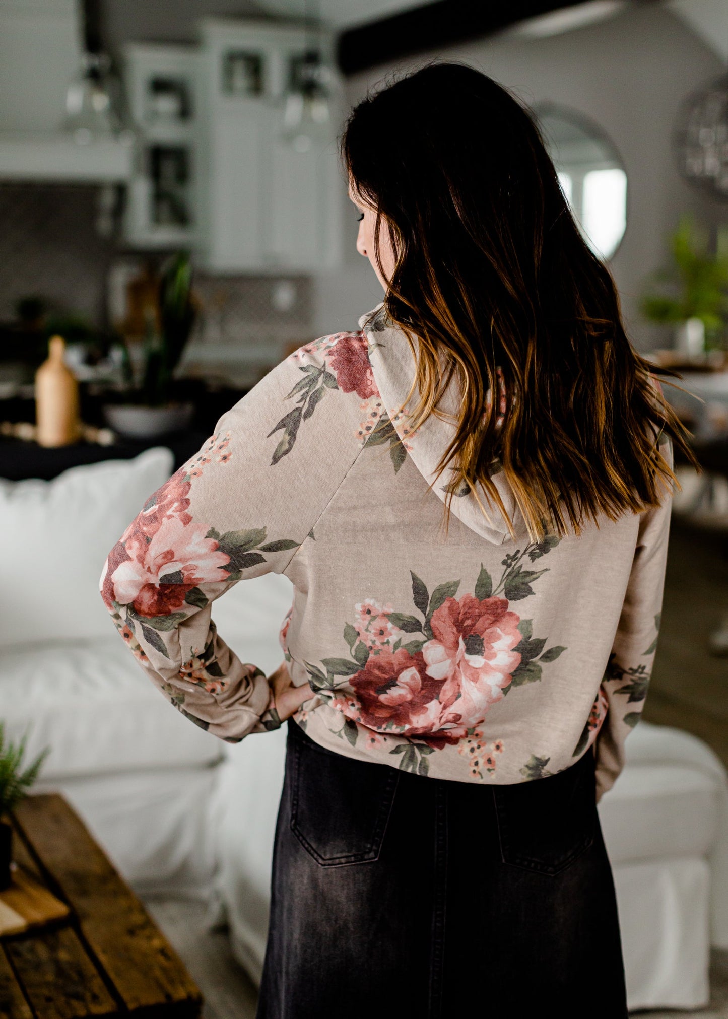 Taupe Floral Color Block Hoodie - FINAL SALE Tops