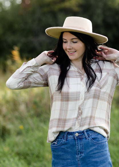 Taupe Plaid Button Front Flannel Top - FINAL SALE FF Tops