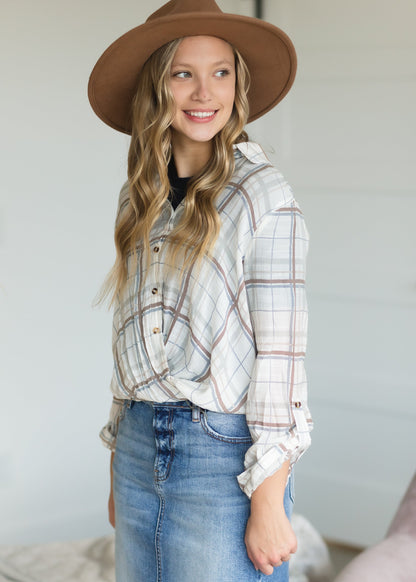 Taupe Plaid Front Knot Top - FINAL SALE Tops