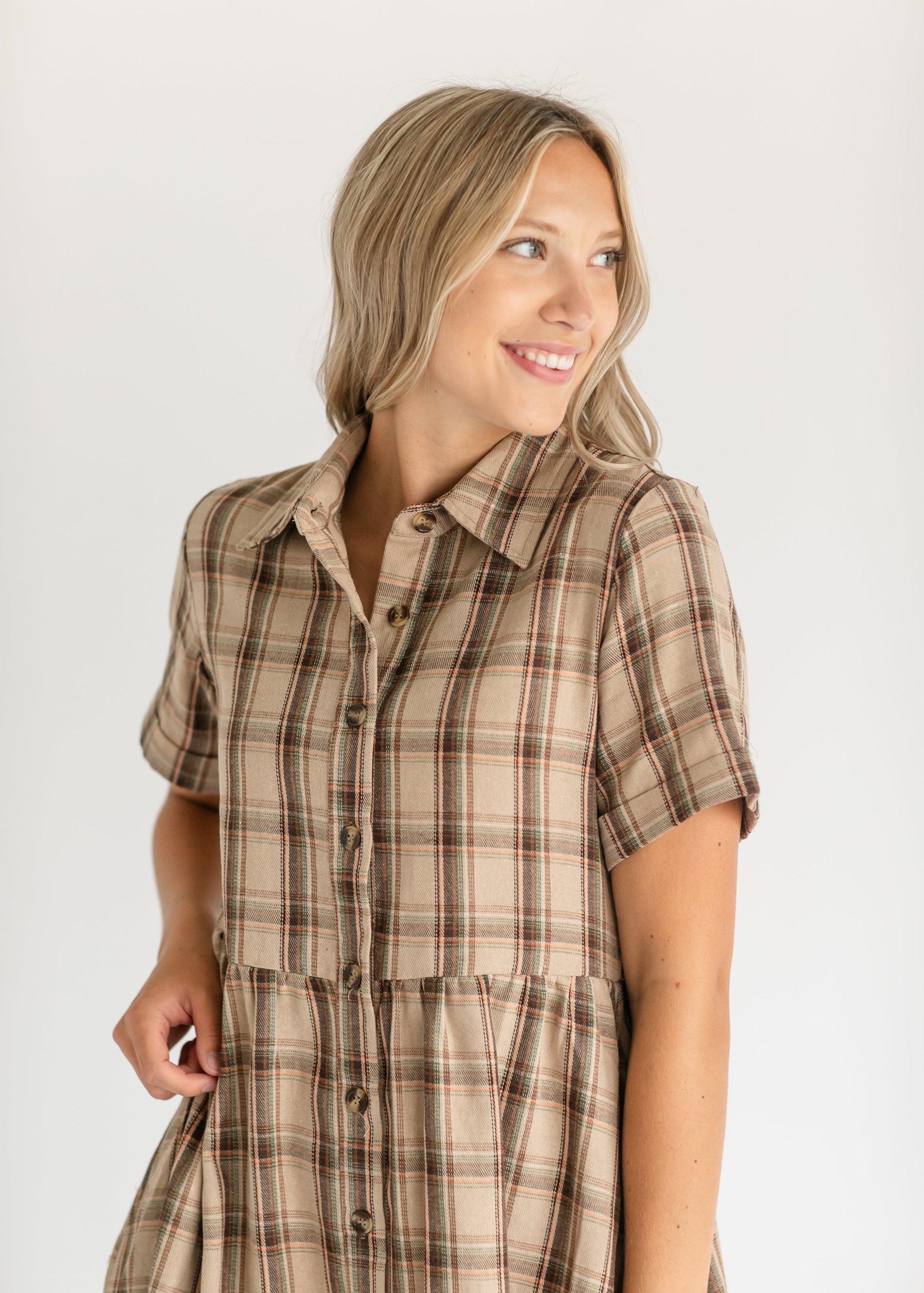 Taupe Plaid Short Sleeve Midi Dress FF Dresses