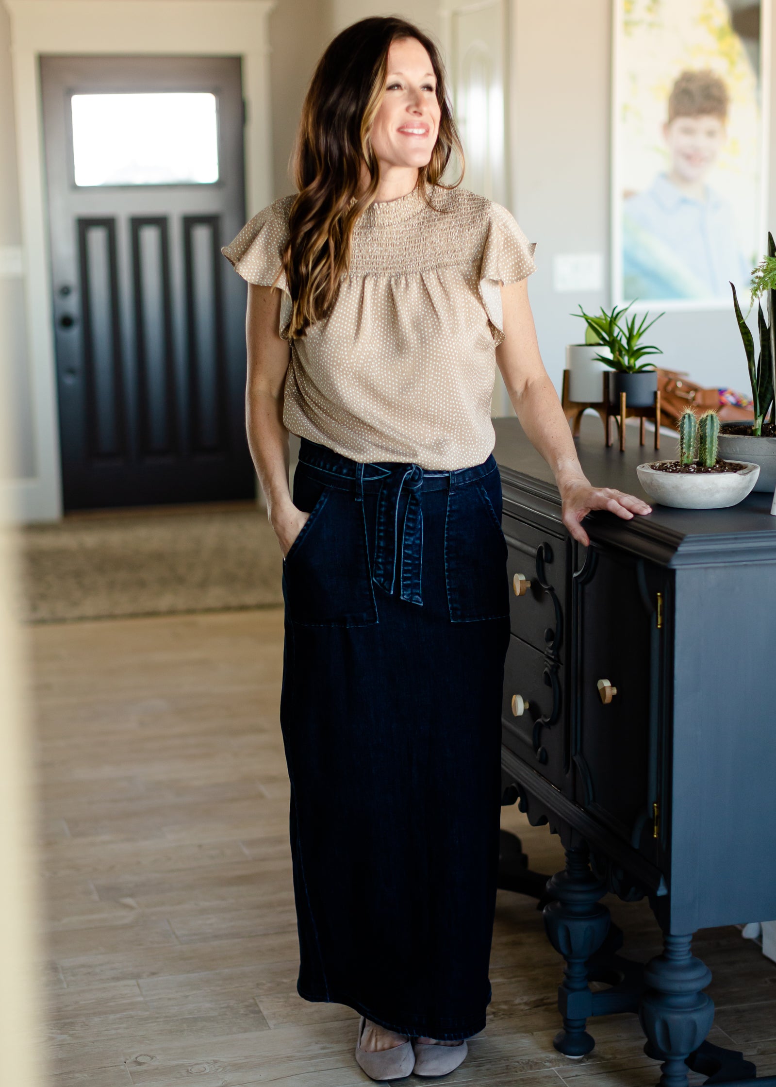 Taupe Smocked Neck Printed Blouse - FINAL SALE Tops