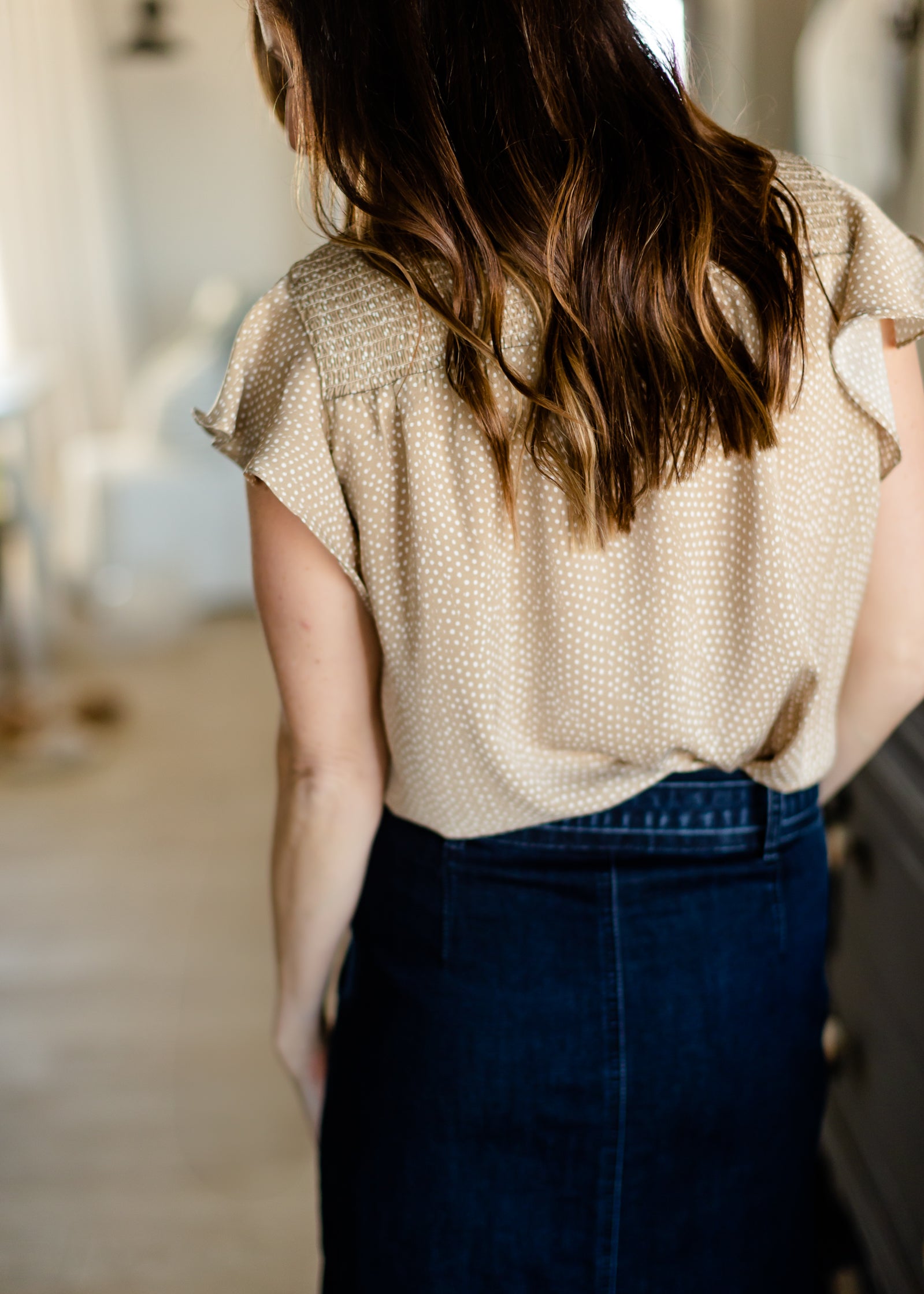 Taupe Smocked Neck Printed Blouse - FINAL SALE Tops