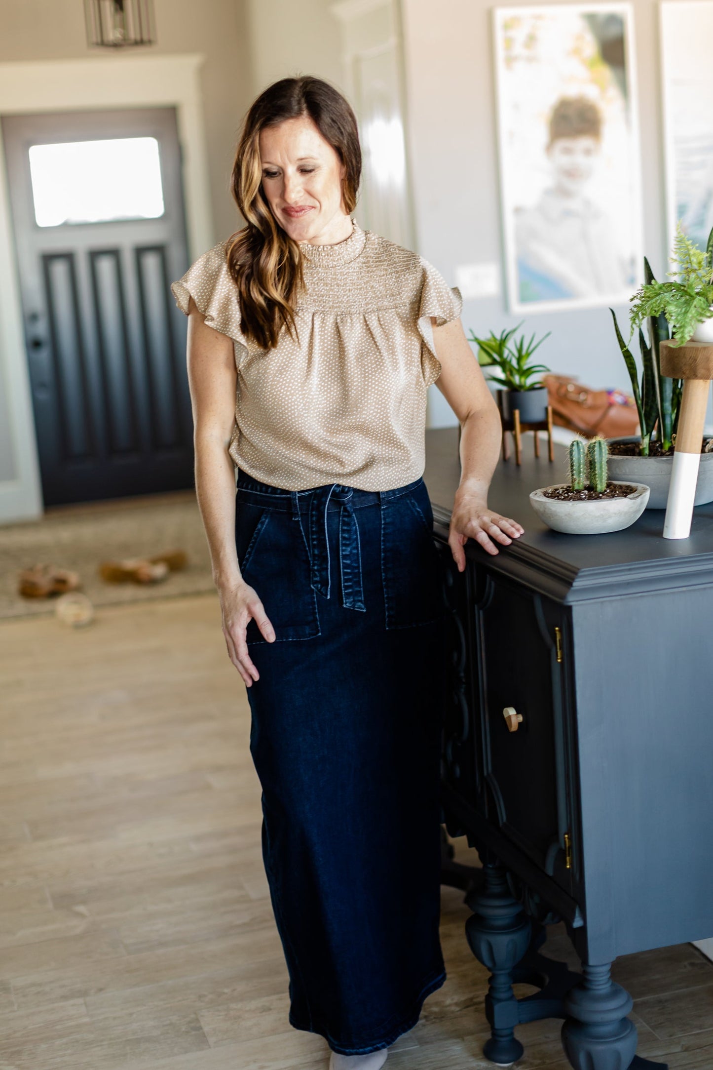 Taupe Smocked Neck Printed Blouse - FINAL SALE Tops