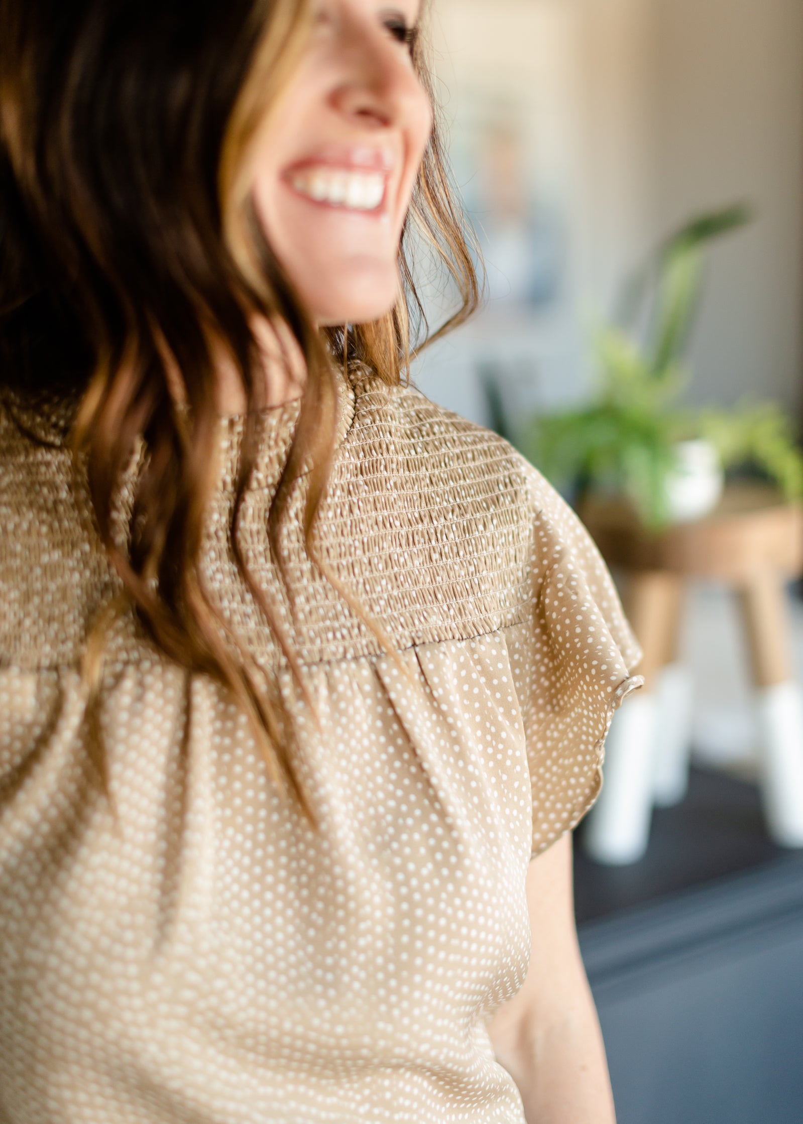 Taupe Smocked Neck Printed Blouse - FINAL SALE Tops