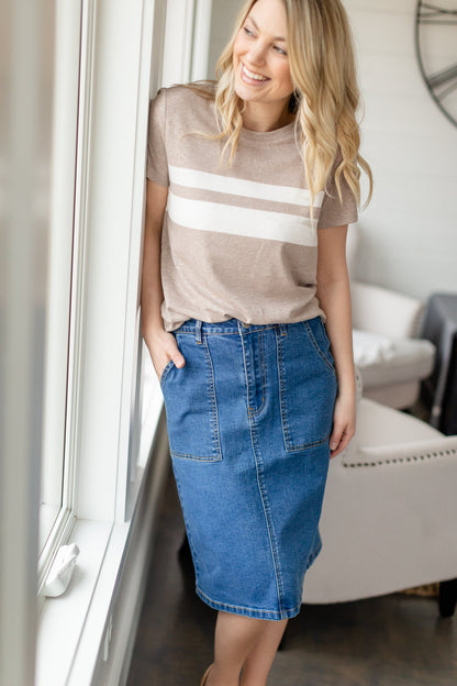 Taupe Stripe Knit Top Tops