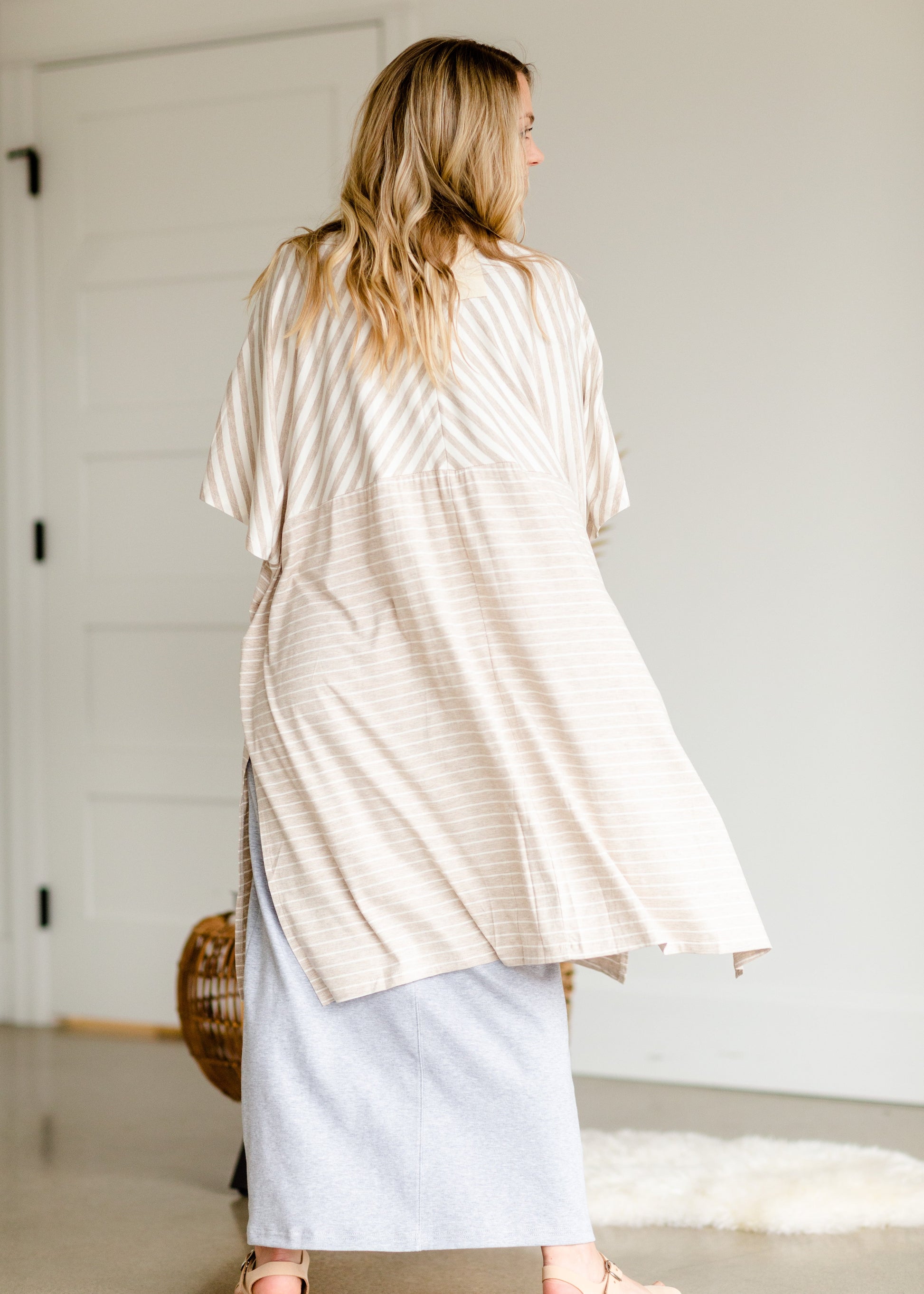 Taupe Stripe Mix Knit Kimono - FINAL SALE Tops OS