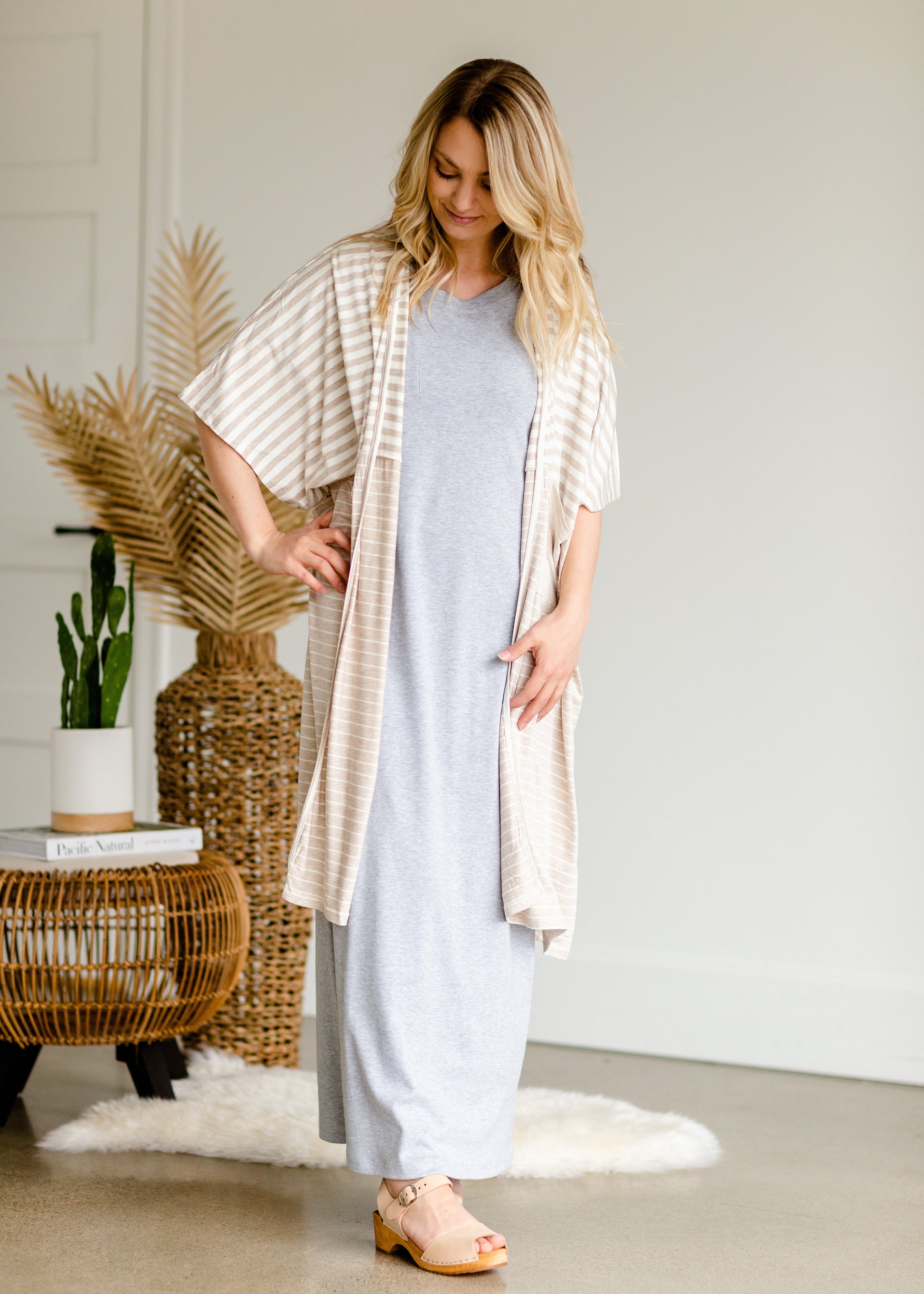 Taupe Stripe Mix Knit Kimono - FINAL SALE Tops OS