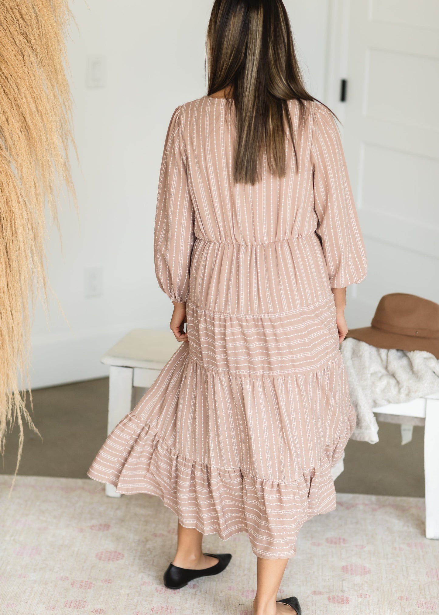 Taupe V Neck Tiered Midi Dress - FINAL SALE Dresses