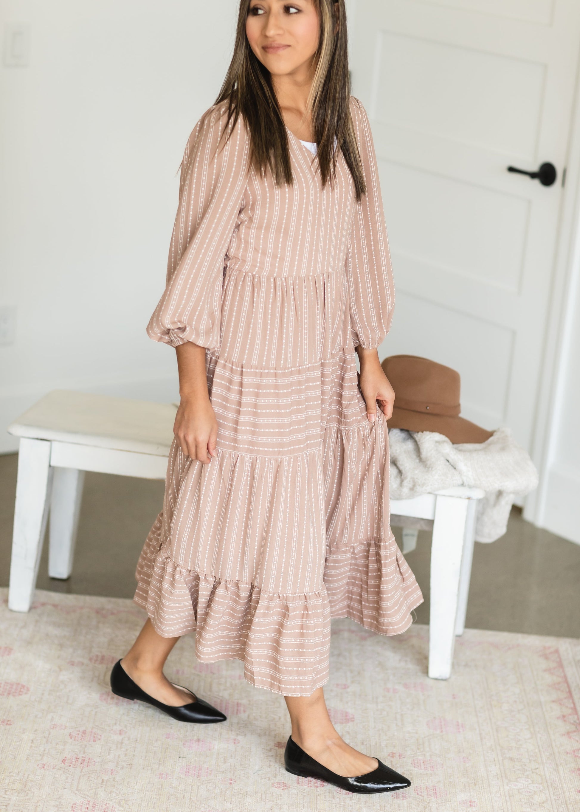 Taupe V Neck Tiered Midi Dress - FINAL SALE Dresses