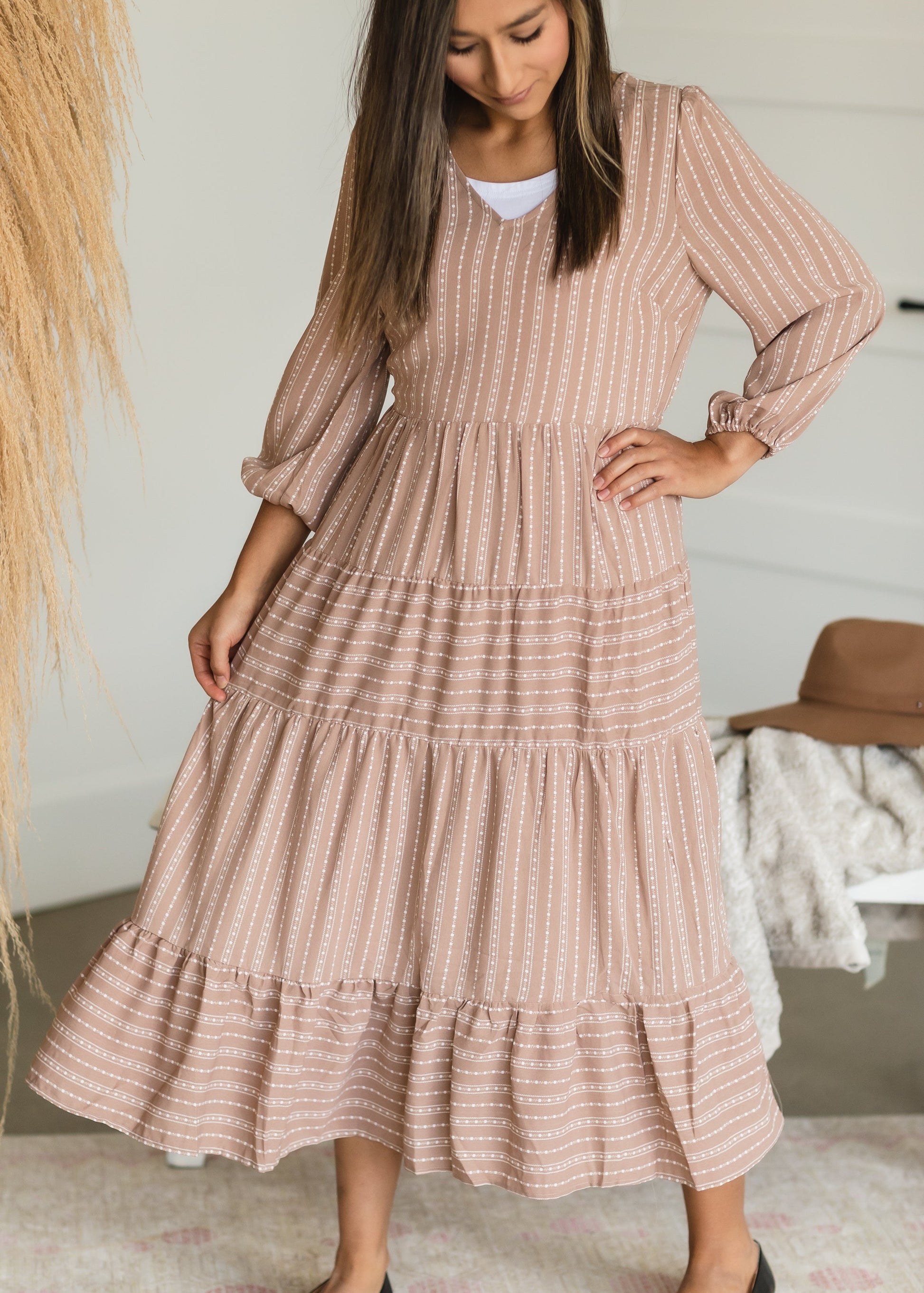 Taupe V Neck Tiered Midi Dress - FINAL SALE Dresses