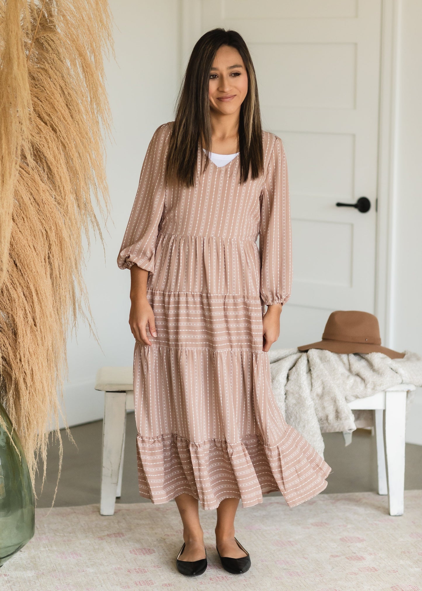 Taupe V Neck Tiered Midi Dress - FINAL SALE Dresses