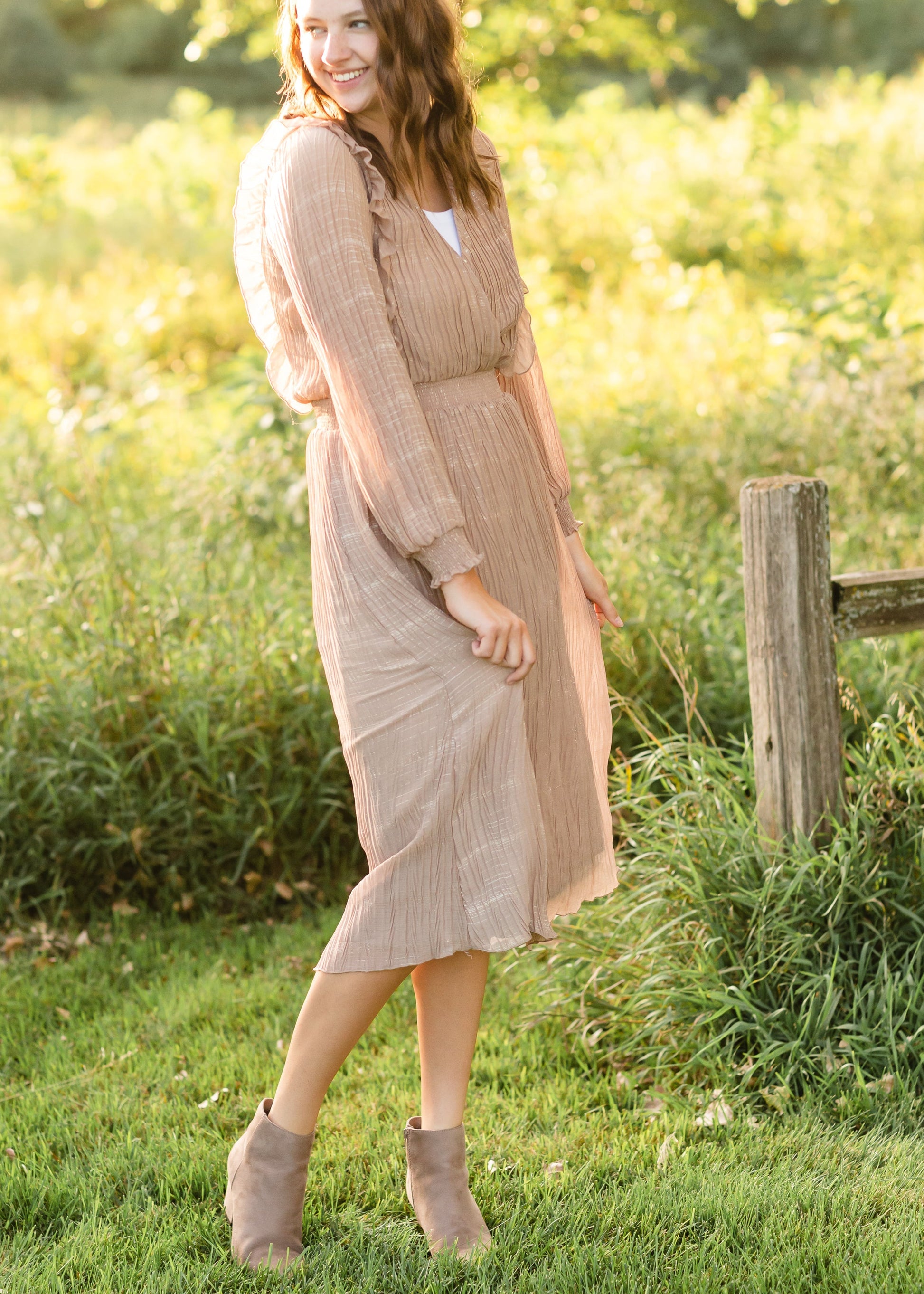 Taupe Woven Pleated Chiffon Midi Dress - FINAL SALE Dresses