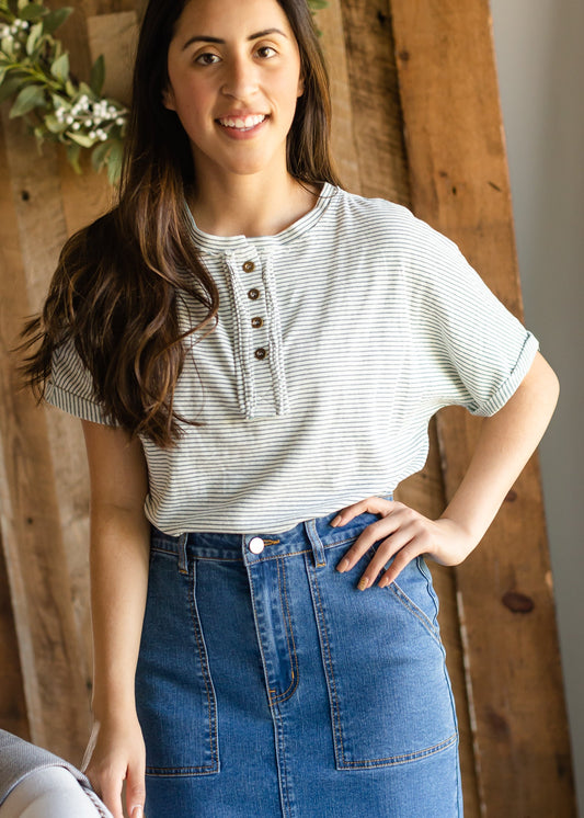 Teal Pinstripe Button Up Tee - FINAL SALE Tops