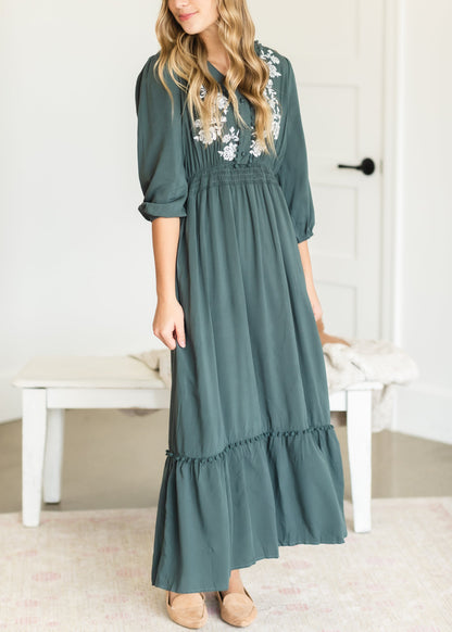 Teal Pom Pom Embroidered Maxi Dress Dresses