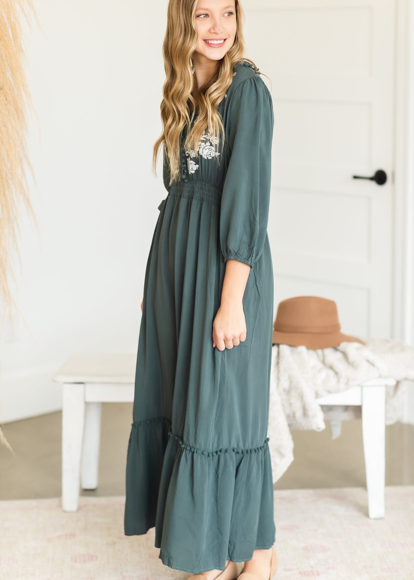 Teal Pom Pom Embroidered Maxi Dress Dresses