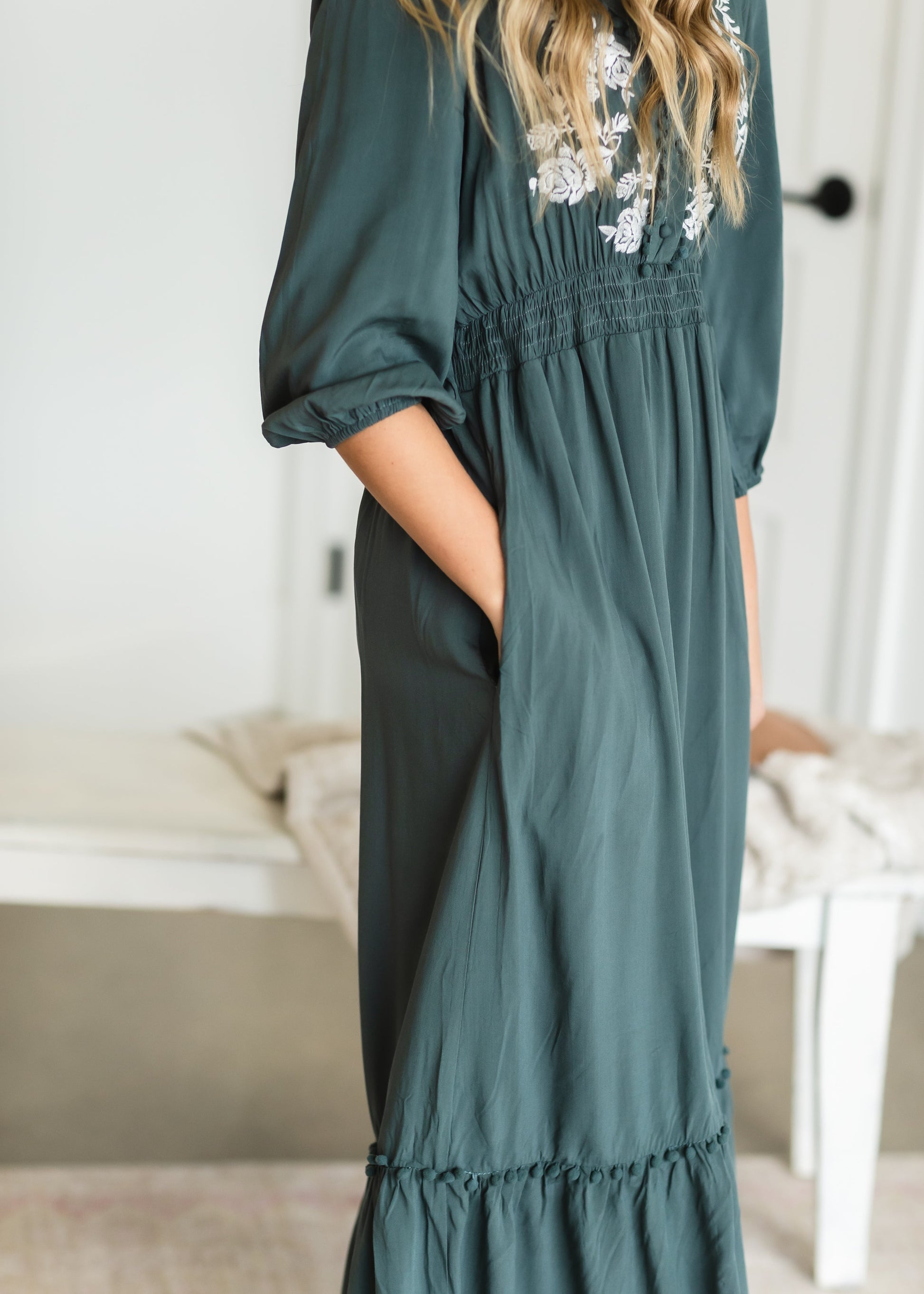 Teal Pom Pom Embroidered Maxi Dress Dresses