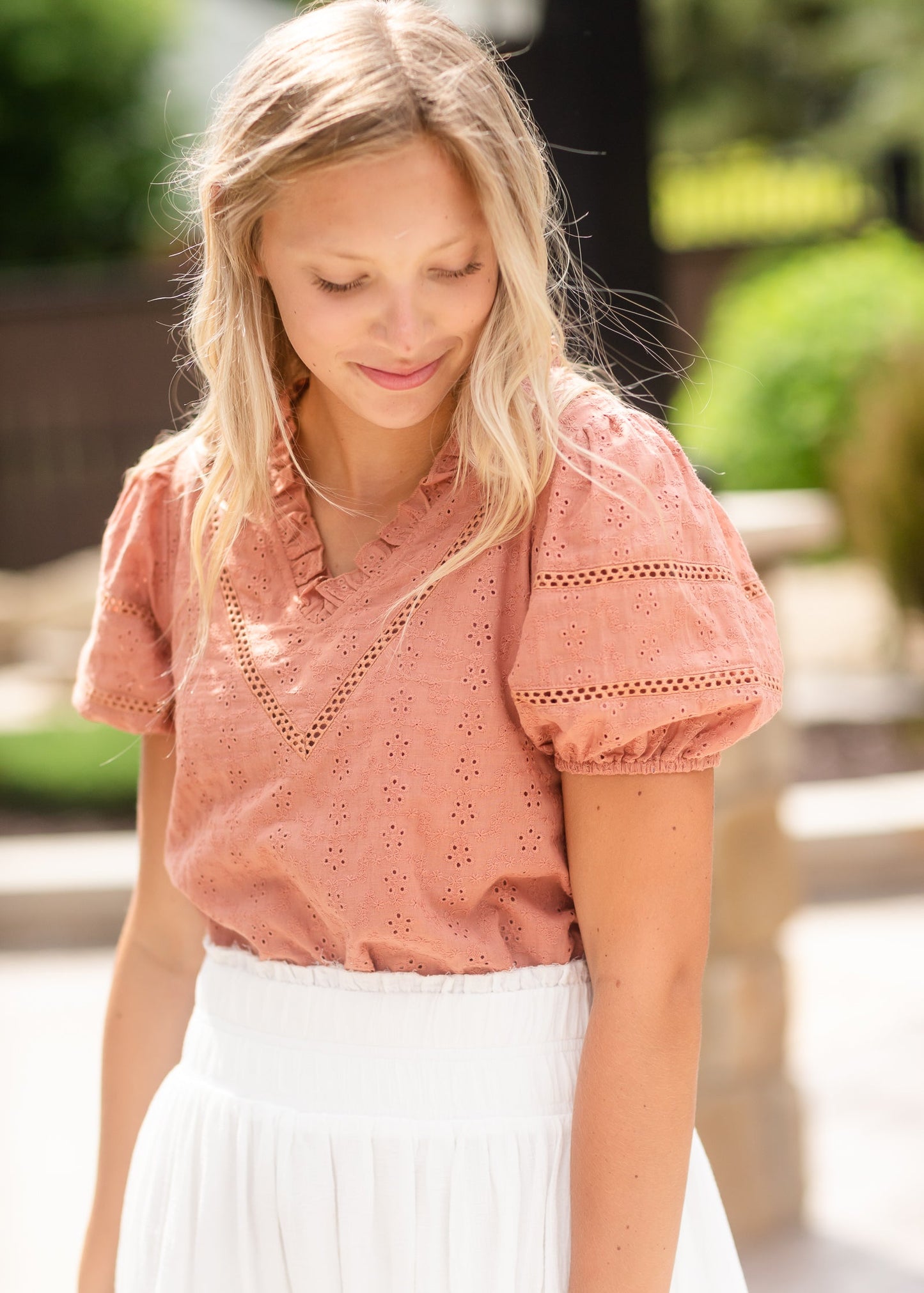 Terracotta Puff Short Sleeve Eyelet Top - FINAL SALE Tops