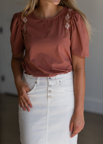 Terracotta Puff Sleeve Embroidered Top - FINAL SALE Tops