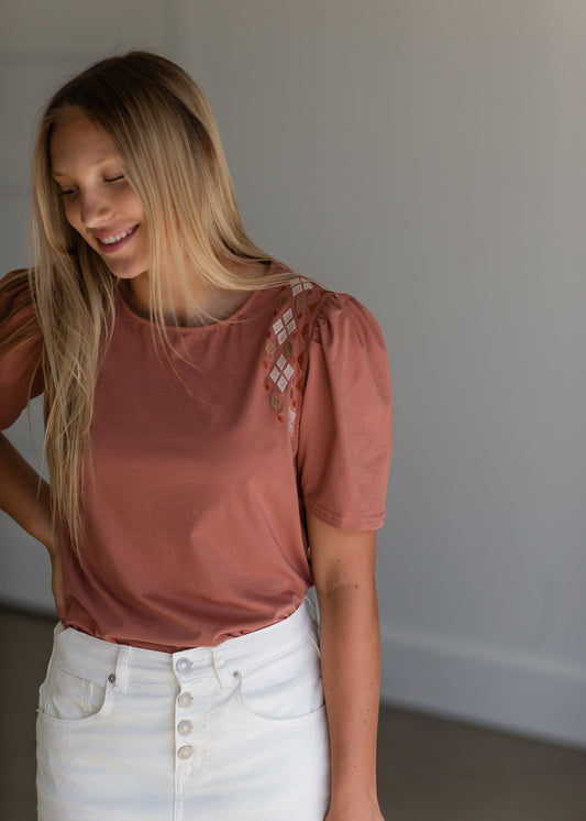 Terracotta Puff Sleeve Embroidered Top - FINAL SALE Tops