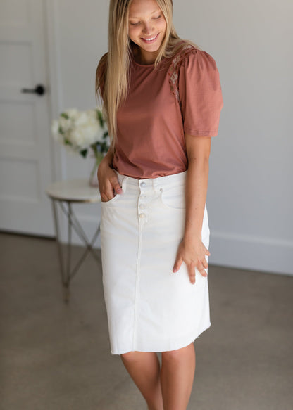 Terracotta Puff Sleeve Embroidered Top - FINAL SALE Tops