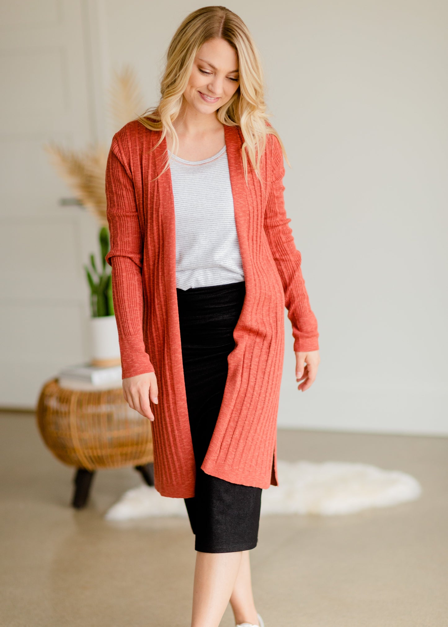 Terracotta Ribbed Sweater Cardigan Tops