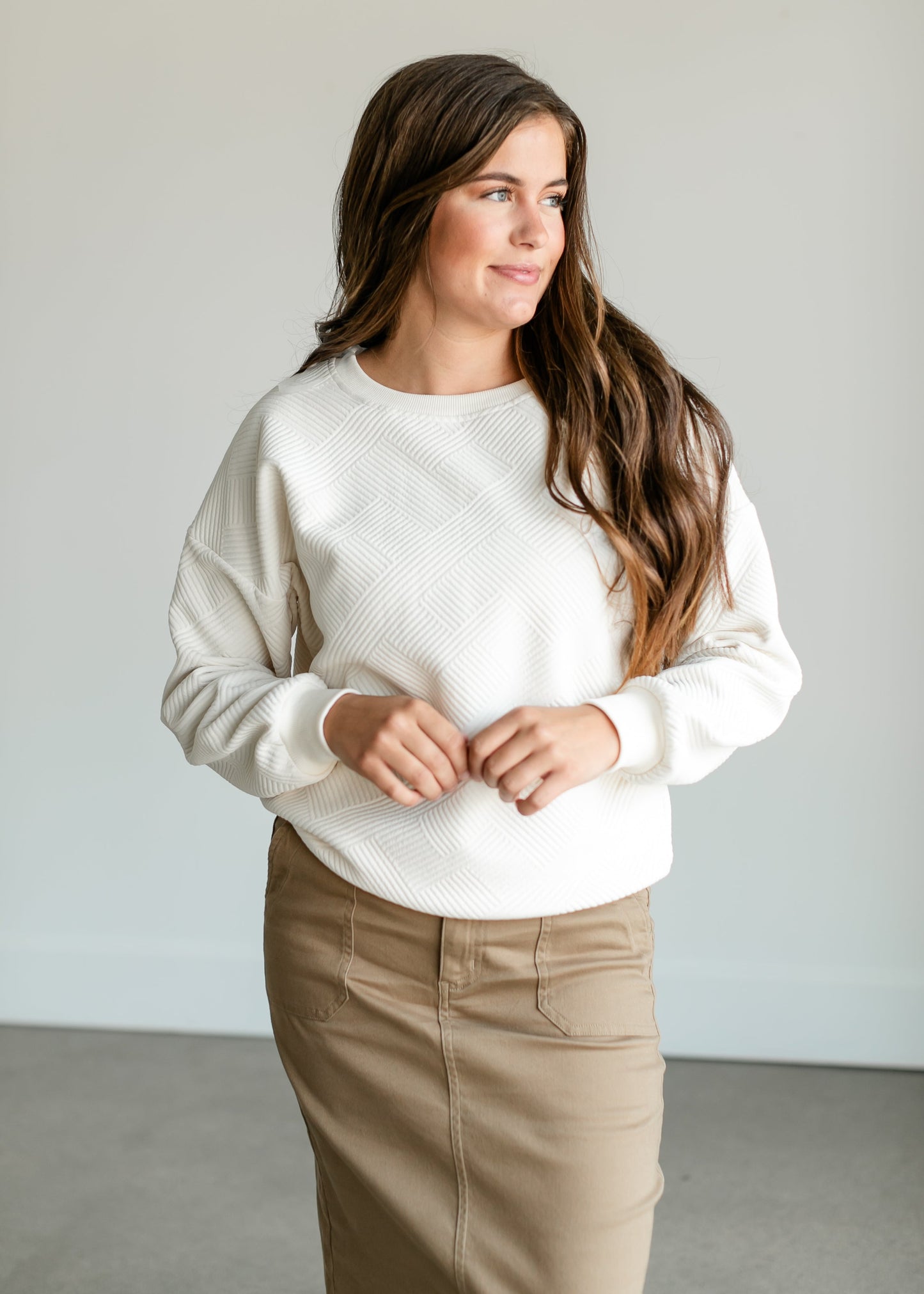 Textured Cream Knit Crewneck Top FF Tops