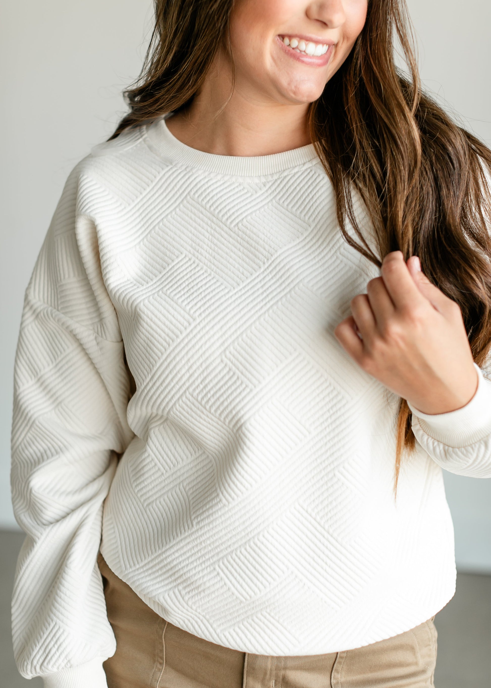 Textured Cream Knit Crewneck Top FF Tops