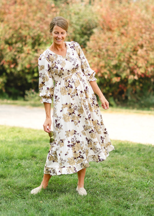 Textured Floral Smocked Bodice Midi Dress FF Dresses