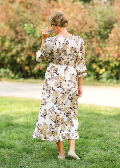 Textured Floral Smocked Bodice Midi Dress FF Dresses