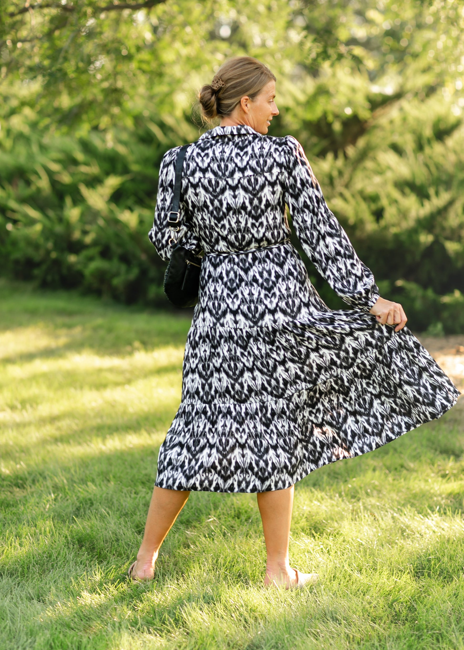 Tiered Button Up Abstract Print Shirt Dress FF Dresses