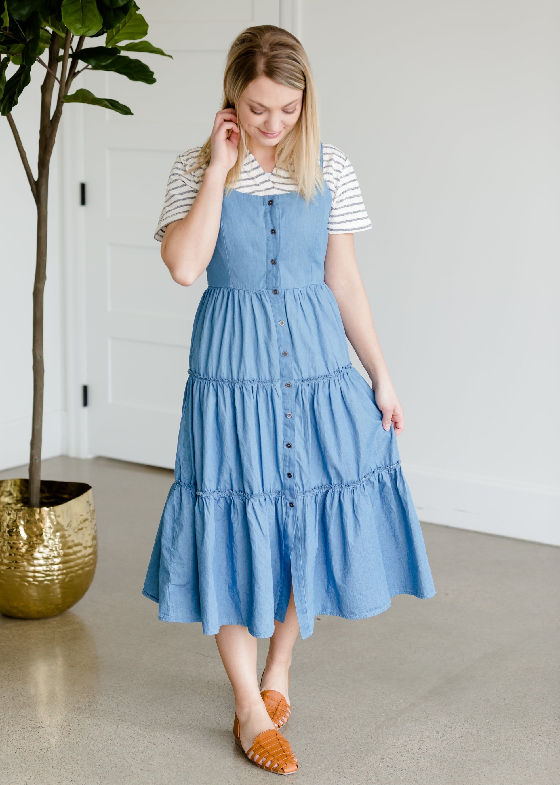 Tiered Denim Button Front Midi Dress - FINAL SALE Dresses