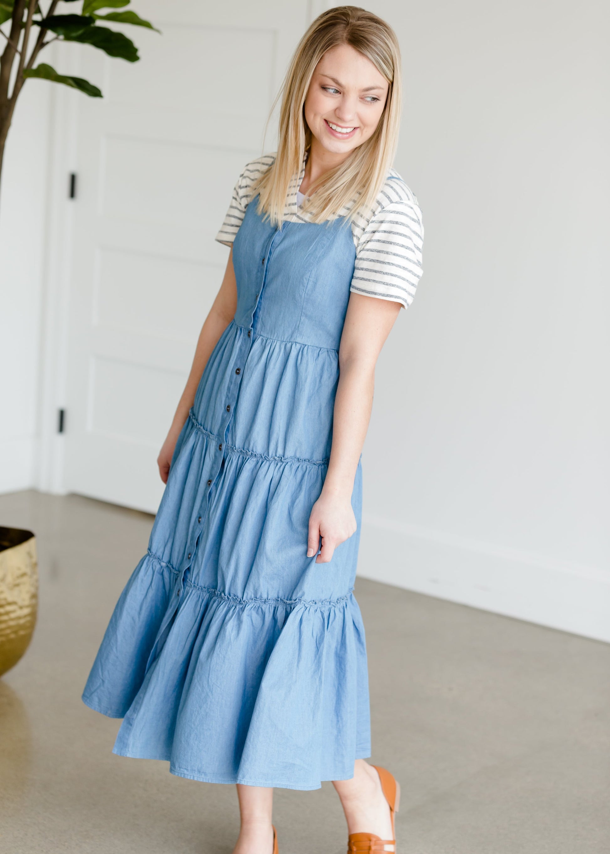 Tiered Denim Button Front Midi Dress - FINAL SALE Dresses