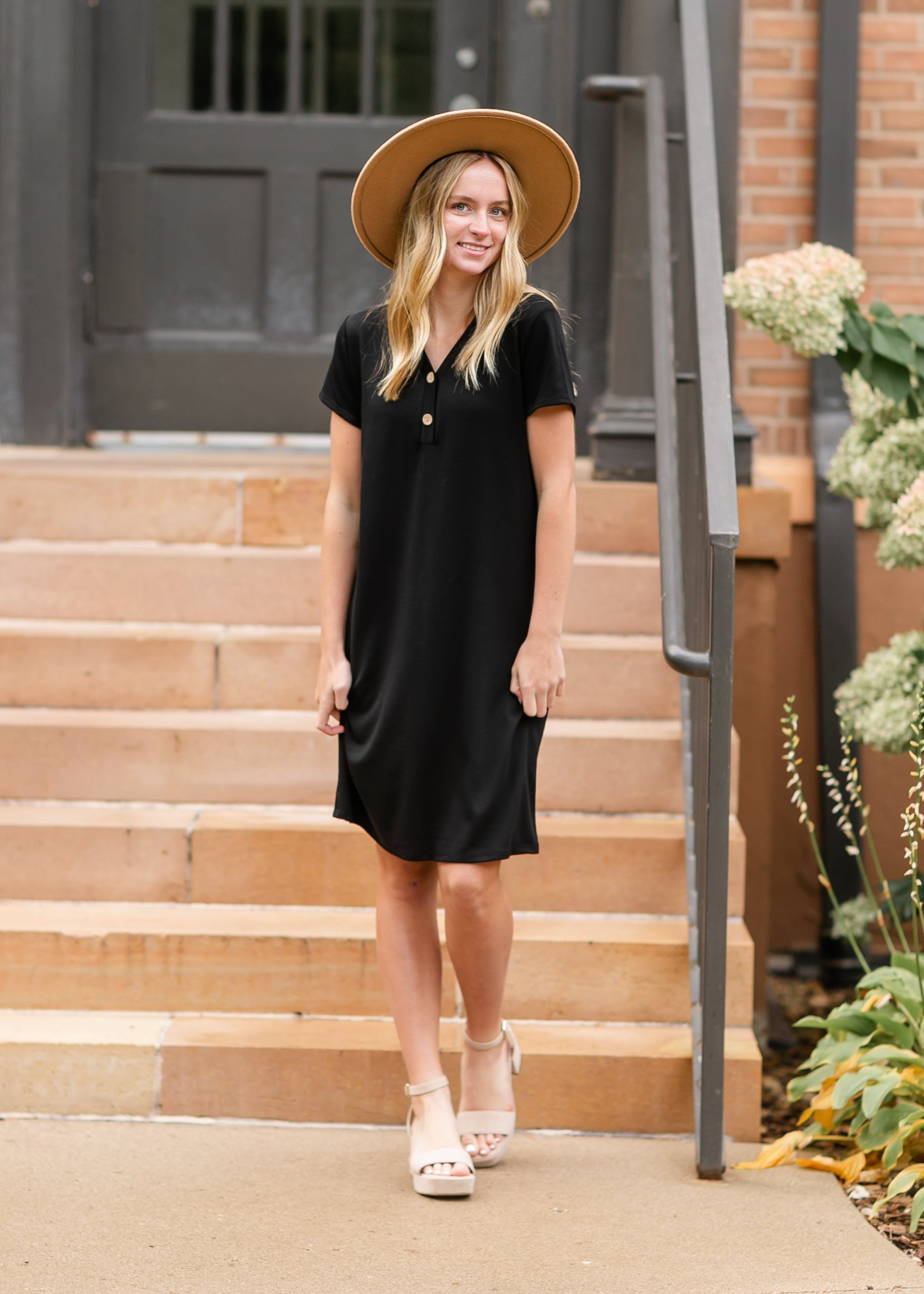 V-neck Black Button Up Dress FF Dresses