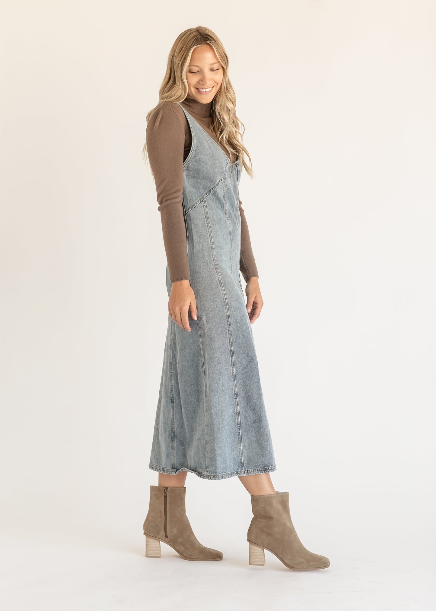 V-neck Paneled Denim Maxi Dress FF Dresses