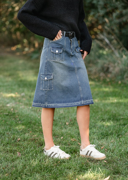 Vintage Wash Midi Cargo Denim Skirt FF Skirts