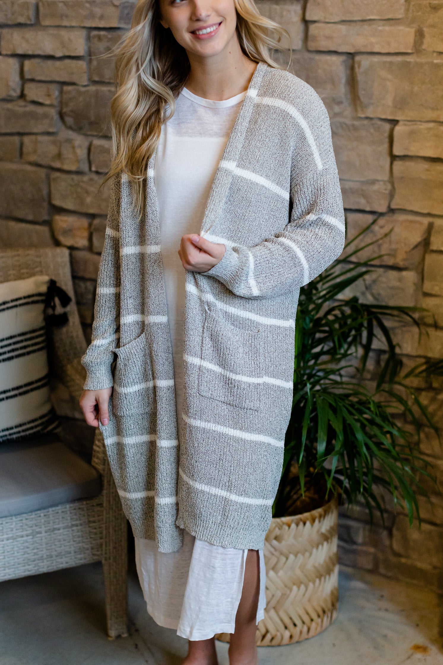 White + Gray Striped Long Cardigan - FINAL SALE FF Tops