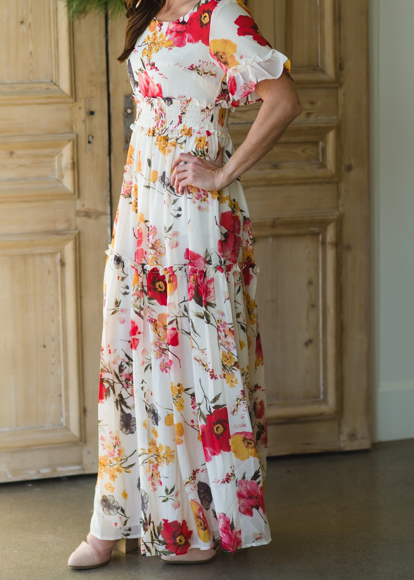 White Ruffle Floral Maxi Dress FF Dresses