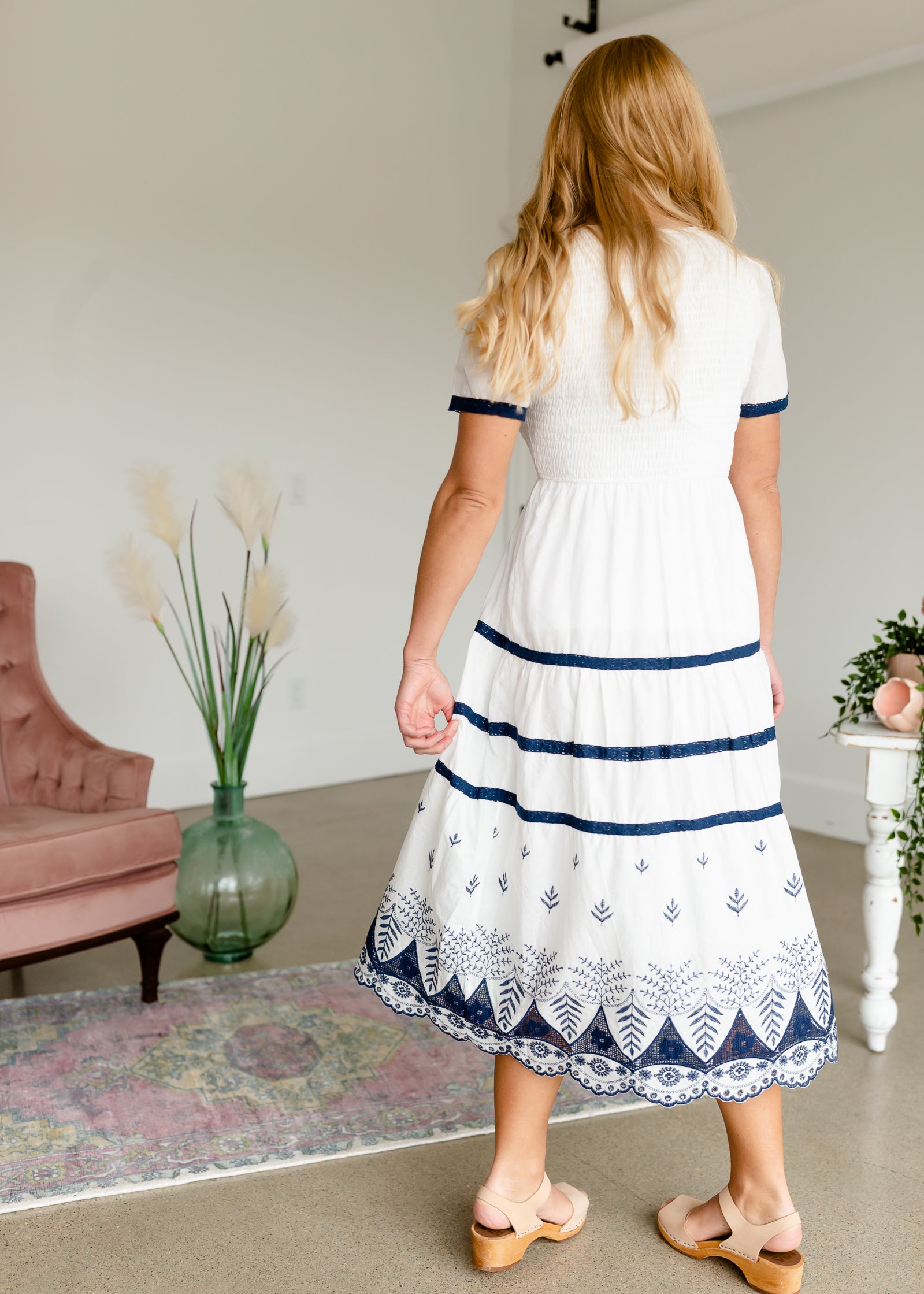 White Smocked Tiered Midi Dress FF Dresses