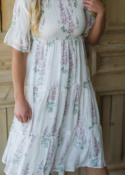 White Smocked Top Floral Midi Dress - FINAL SALE FF Dresses