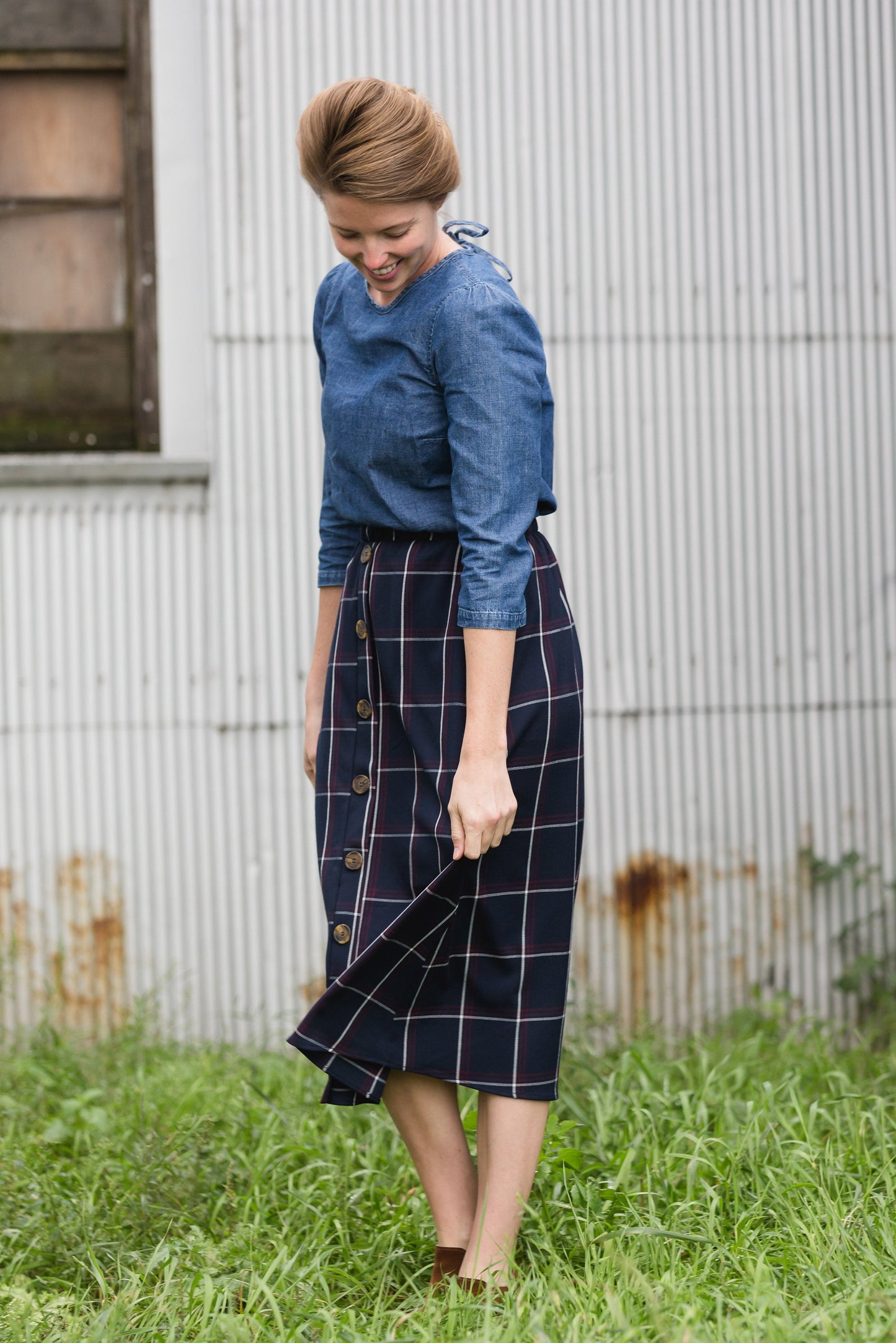 Windowpane Button Midi Skirt - FINAL SALE FF Skirts