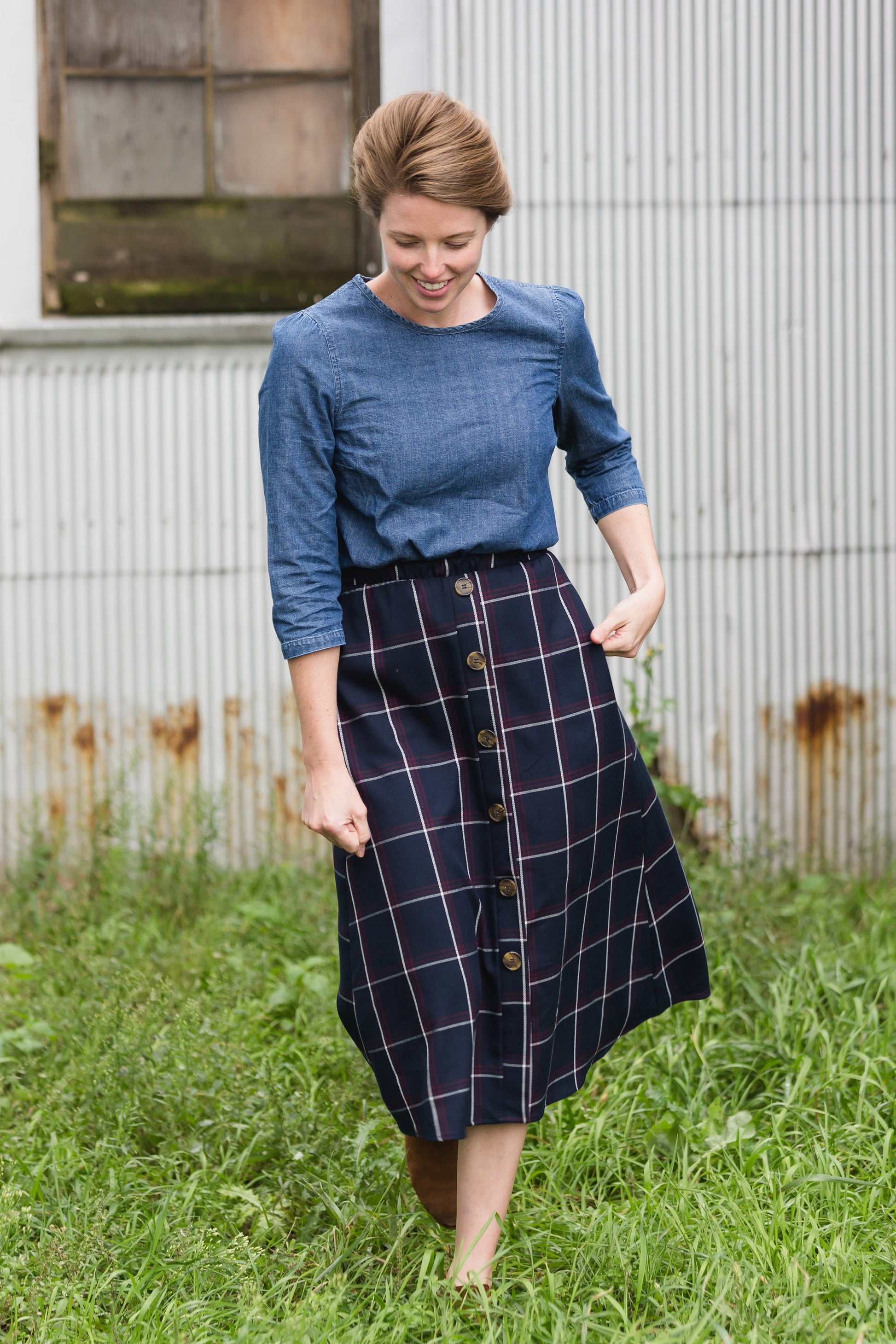 Windowpane Button Midi Skirt - FINAL SALE FF Skirts