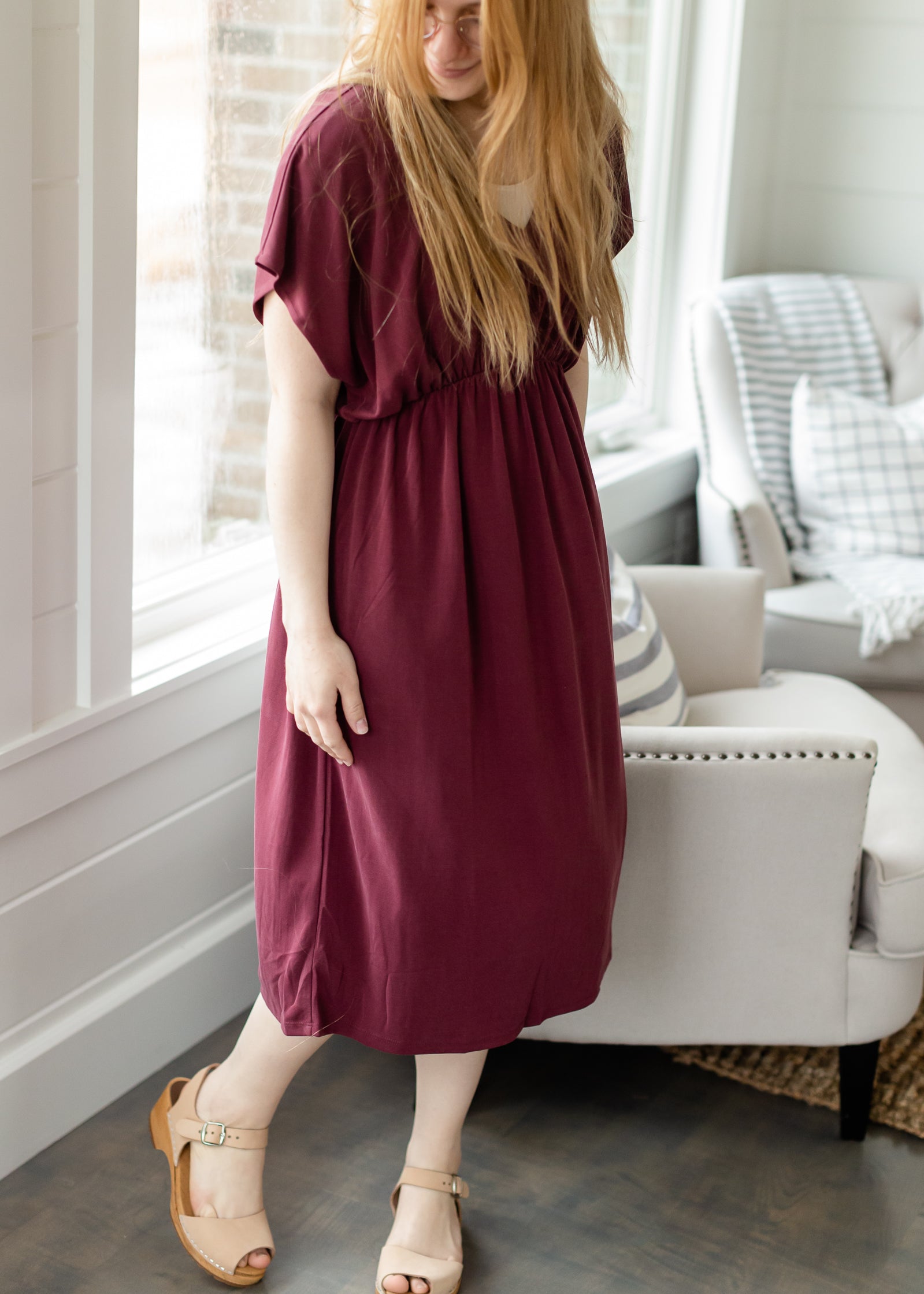 Wine Cinched Waist Midi Dress - FINAL SALE FF Dresses