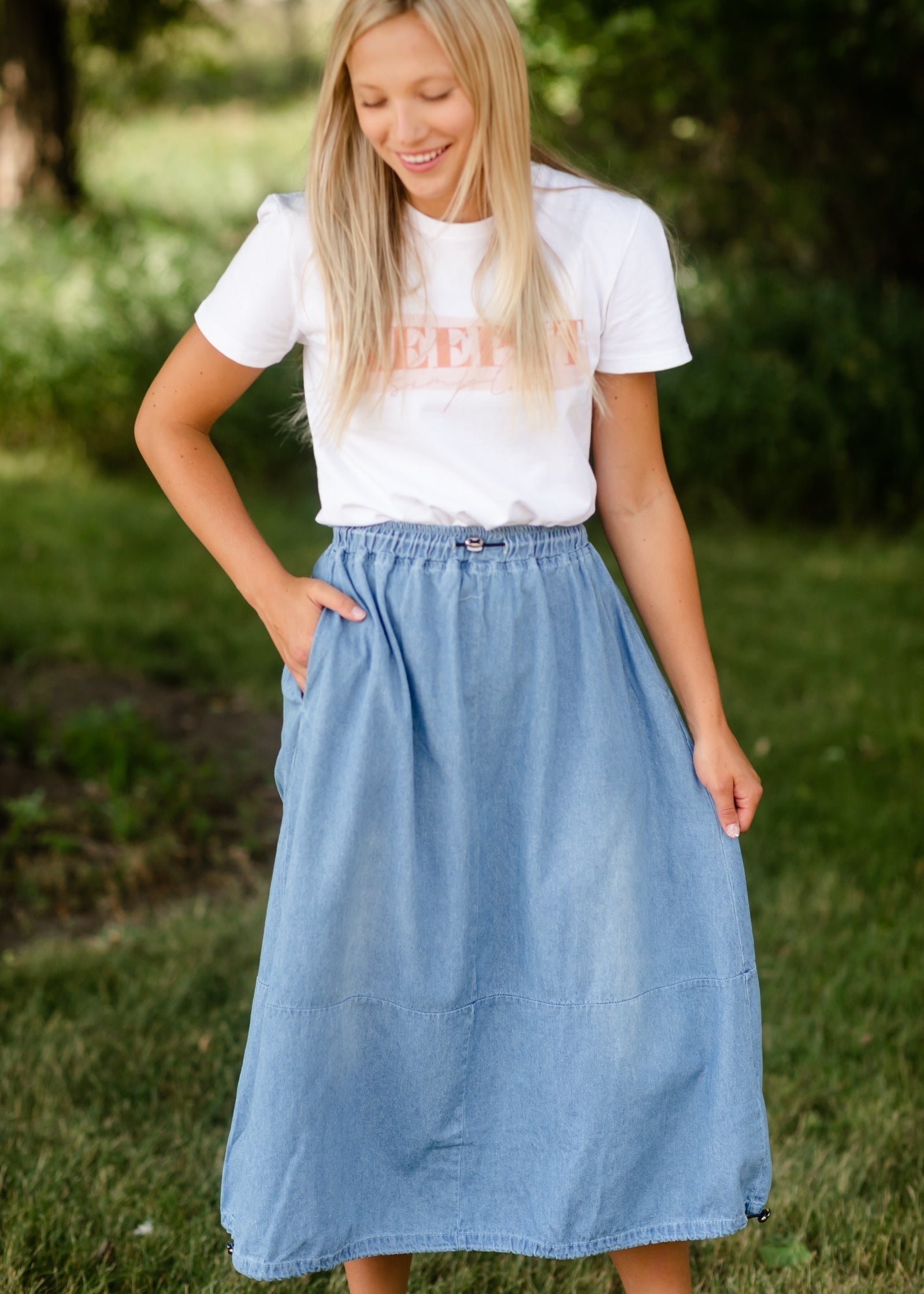 Adjustable Light Denim Cotton Midi Skirt - FINAL SALE Skirts One Size