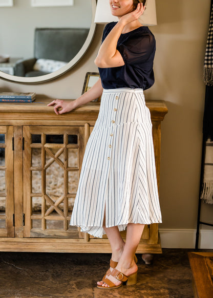 Asymmetrical Button Detail Stripe Midi Skirt Skirts