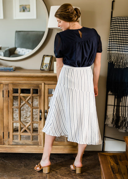 Asymmetrical Button Detail Stripe Midi Skirt Skirts