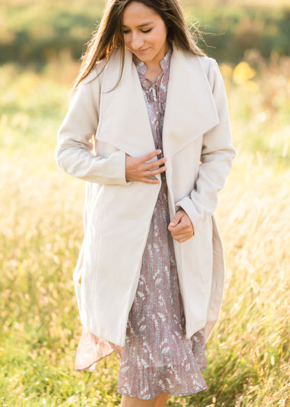 Beige Collared Belted Fleece Coat - FINAL SALE Tops