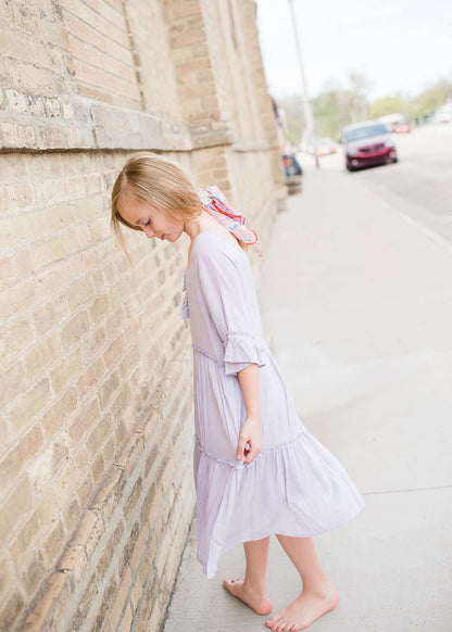 light purple tassle sleeve flowy girls midi dress