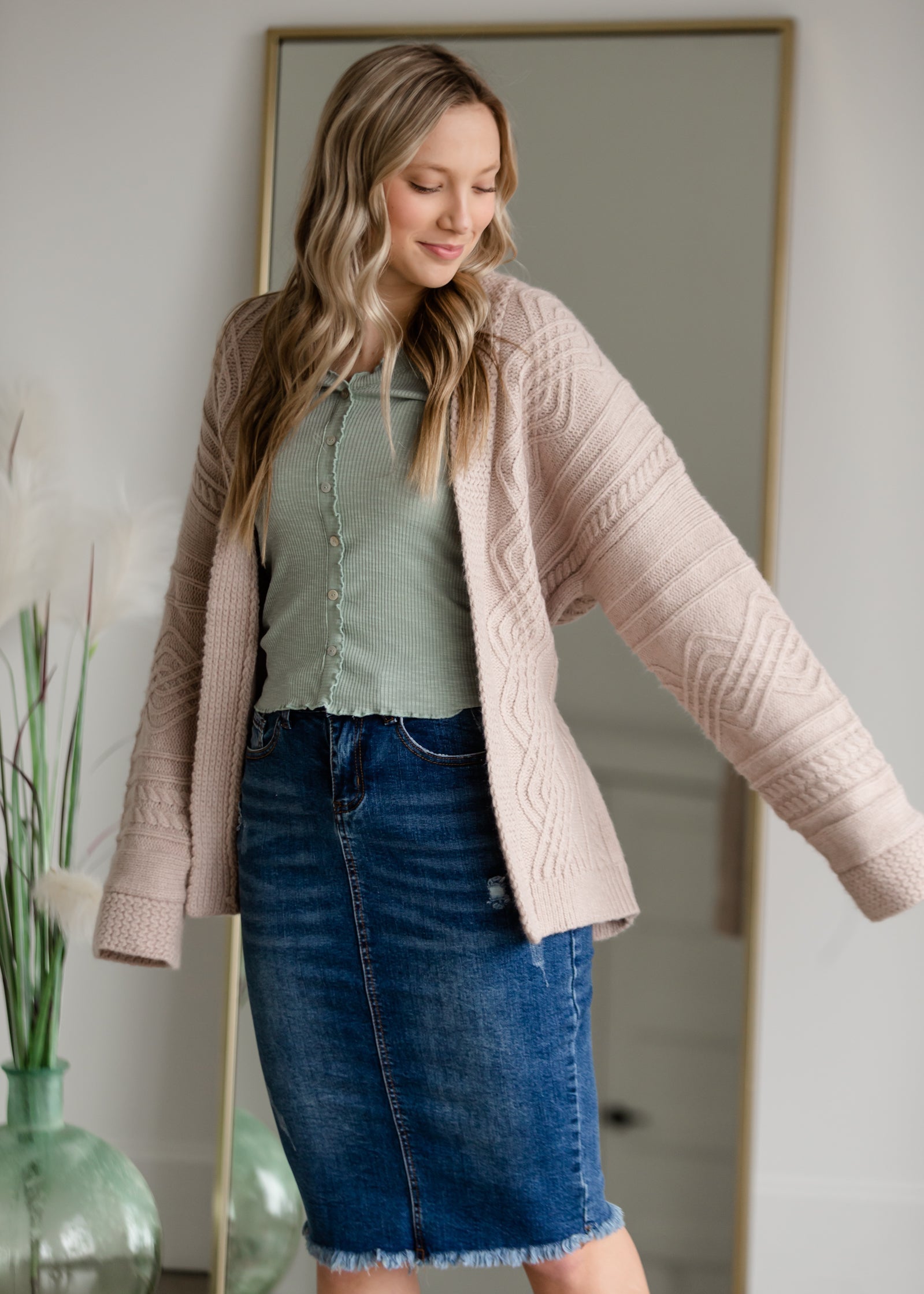 Belted Cable Knit Cardigan Tops Pinch